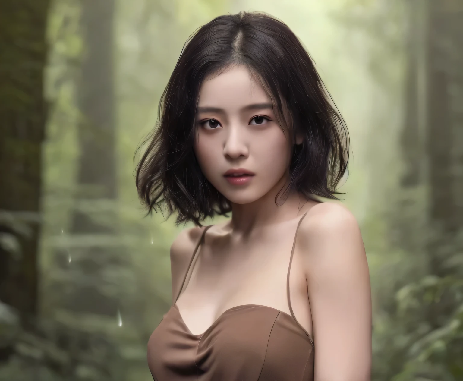 (masterpiece,High resolution,high quality,16K),(Beautiful and realistic Japan people、Beautiful girl in a brown dress standing in a dark forest), Magnificent style, Octane Rendering, Spooky Forest, Beautiful Face, Surreal, Son of God:1.3, Glamorous Body:1.4、realism, masterpiece, The best of art., Clear Eyes,Short Bob、Perfect Anatomy、Beautiful body、Beautiful Skin、double eyelid、Proof of Life、Rain、Human Proof、Proof of Wildness、