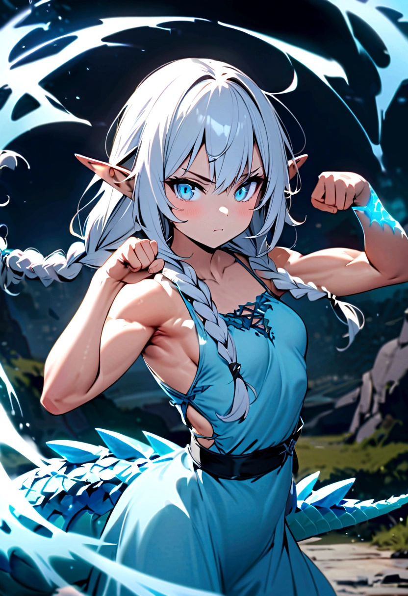 cute young girl, white hair, long hair, small braids hair, light blue eyes, elf ears, dragon tail, dragon thorn, muscular body, small breast, light blue dress, blue magic, fight pose
