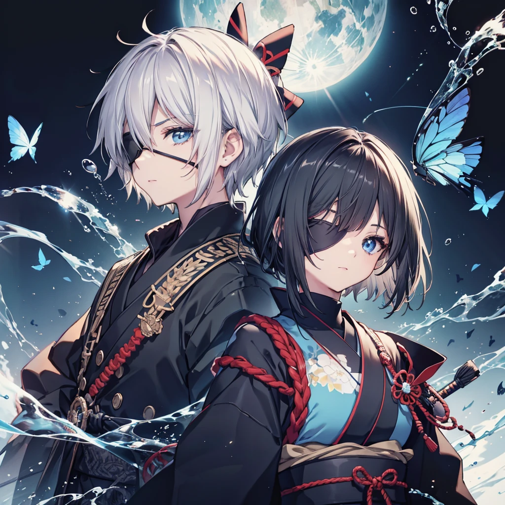 (((1 person Put on an eye patch Gray Hair))) ((High resolution short hair Black kimono Shoulder Rin々Funny face knifeを胸の前で構える)) ((Black Band samurai Lonely despair blue eyes Close-up)) ((Blue Butterfly night Japanese style old Shining Aura garden water surface Catch the wind)) (dance 日本knife knife Slashing) 月night moonlight star Draw your sword Shining Background Shining Edge