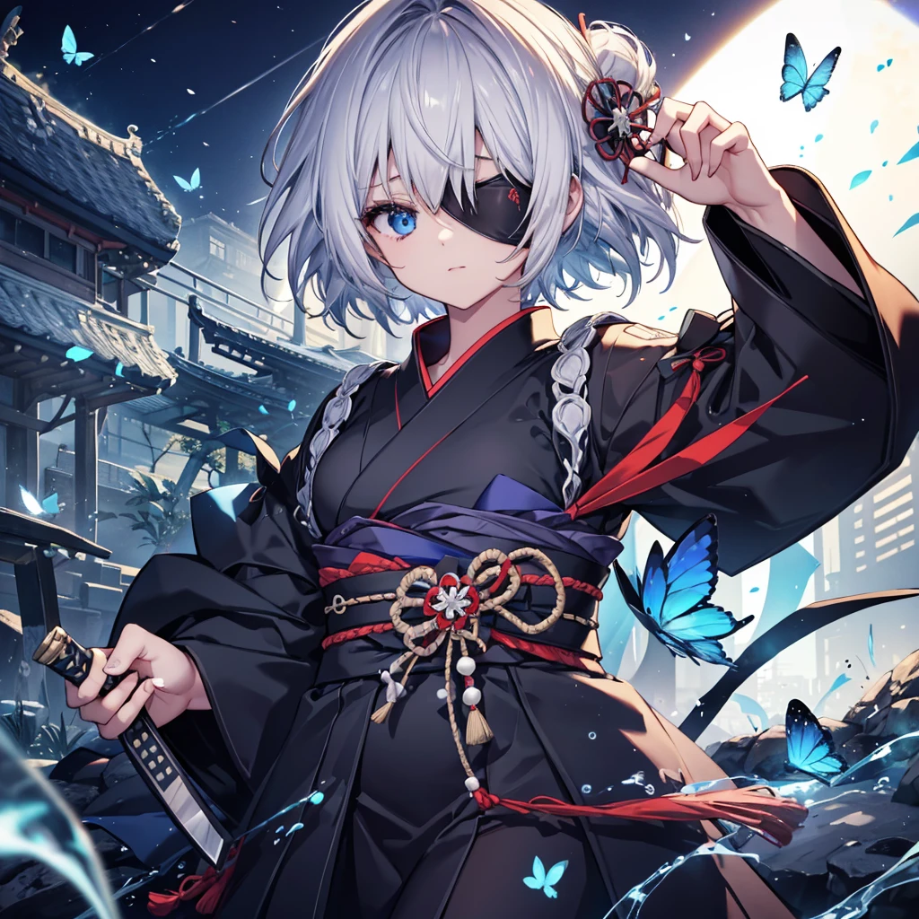 (((1 person　Put on an eye patch　Gray Hair)))　((High resolution　short hair　Black kimono　Shoulder　Rin々Funny face　knifeを胸の前で構える))　((Black Band　samurai　Lonely　despair　blue eyes　Close-up))　((Blue Butterfly　night　Japanese style　old　Shining Aura　garden　water surface　Catch the wind))　(dance　日本knife　knife　Slashing)　月night　moonlight　star　Draw your sword　Shining Background　Shining Edge