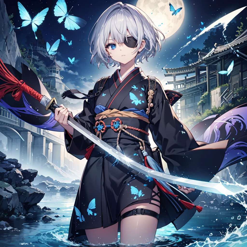 (((1 person Put on an eye patch Gray Hair))) ((High resolution short hair Black kimono Shoulder Rin々Funny face knifeを胸の前で構える)) ((Black Band samurai Lonely despair blue eyes Close-up)) ((Blue Butterfly night Japanese style old Shining Aura garden water surface Catch the wind)) (dance 日本knife knife Slashing) 月night moonlight star Draw your sword Shining Background Shining Edge
