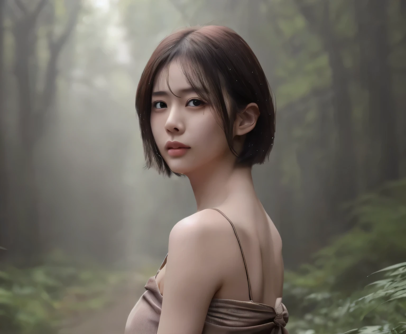 (masterpiece,High resolution,high quality,16K),(Beautiful and realistic Japan people、Beautiful girl in a brown dress standing in a dark forest), Magnificent style, Octane Rendering, Spooky Forest, Beautiful Face, Surreal, Son of God:1.3, Glamorous Body:1.4、realism, masterpiece, The best of art., Clear Eyes,Short Bob、Perfect Anatomy、Beautiful body、Beautiful Skin、double eyelid、Proof of Life、Rain、Human Proof、Proof of Wildness、