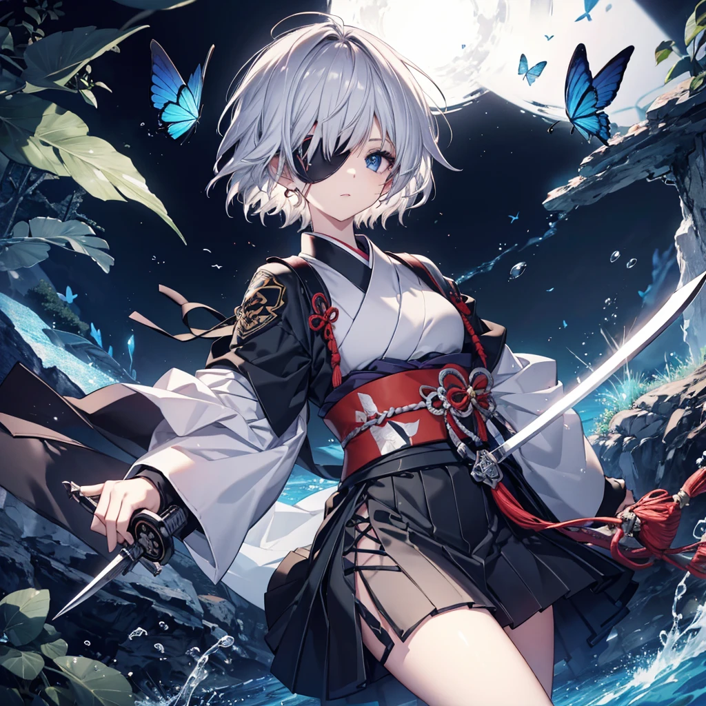 (((1 person Put on an eye patch Gray Hair))) ((High resolution short hair Black kimono Shoulder Rin々Funny face knifeを胸の前で構える)) ((Black Band samurai Lonely despair blue eyes Close-up)) ((Blue Butterfly night Japanese style old Shining Aura garden water surface Catch the wind)) (dance 日本knife knife Slashing) 月night moonlight star Draw your sword Shining Background Shining Edge