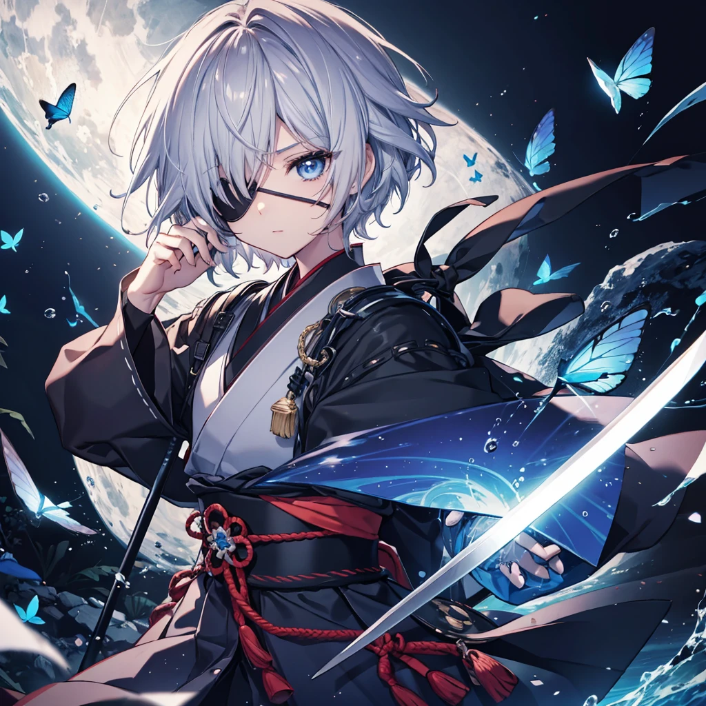 (((1 person Put on an eye patch Gray Hair))) ((High resolution short hair Black kimono Shoulder Rin々Funny face knifeを胸の前で構える)) ((Black Band samurai Lonely despair blue eyes Close-up)) ((Blue Butterfly night Japanese style old Shining Aura garden water surface Catch the wind)) (dance 日本knife knife Slashing) 月night moonlight star Draw your sword Shining Background Shining Edge