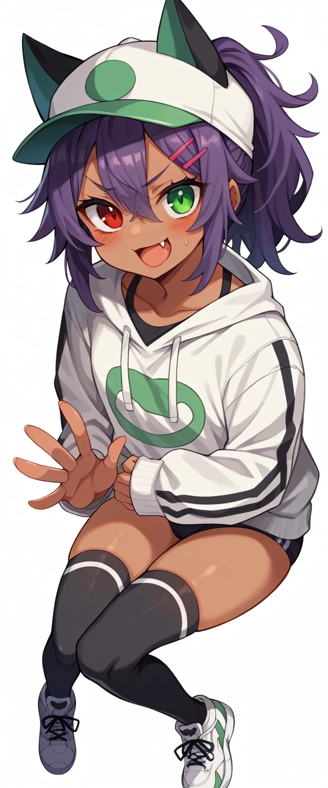 highres,1girl,animal ears,KEMOMIMI,KEMOMIMI hidden by an orange Flat cap,bangs,blush,heterochromia,red eye,green eye,red and green odd eyes,open mouth,fang,dark-skinned female,hair between eyes,hair ornament,hairclip,looking at viewer,smile,solo,v-shaped eyebrows,thighhighs,underwear,sweater,ponytail,Short messy hair,purple hair,two or more colors,white background,simple background,streetwear,taut clothing,sneakers,Tongue out,frontview