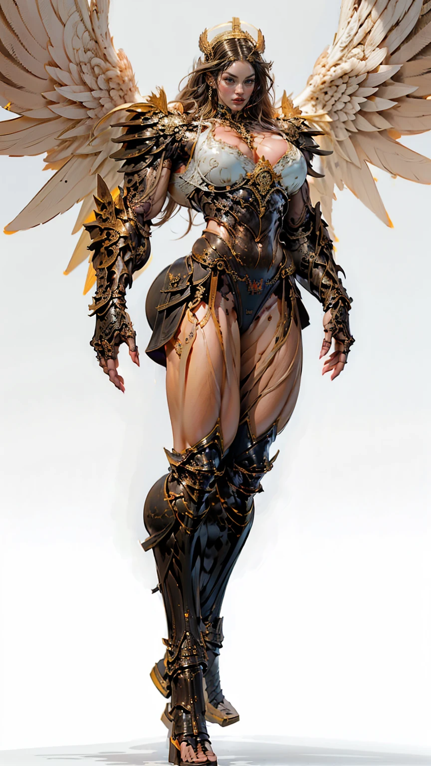 (cara delevingne), ((((((1 muscular angel girl)))))), (((huge upper body))), long hair, ((((huge angelic wings))), (((intricate ornate angelic full body armor))), ((((full body front view)))), (((perfect hands, perfect fingers))), (((empty background)))