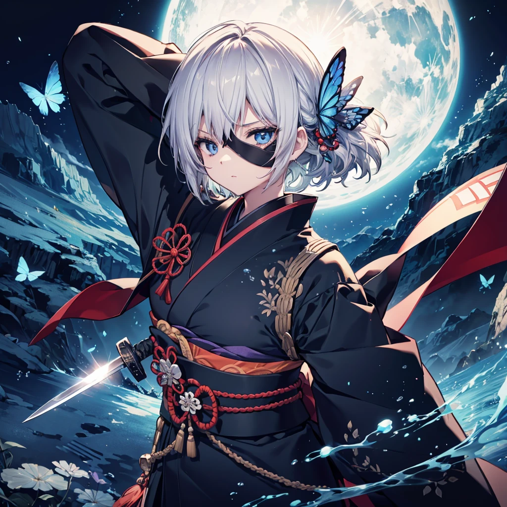 (((1 person Put on an eye patch Gray Hair))) ((High resolution short hair Black kimono Shoulder Rin々Funny face knifeを胸の前で構える)) ((Black Band samurai Lonely despair blue eyes Close-up)) ((Blue Butterfly night Japanese style old Shining Aura garden water surface Catch the wind)) (dance 日本knife knife Slashing) 月night moonlight star Draw your sword Shining Background Shining Edge