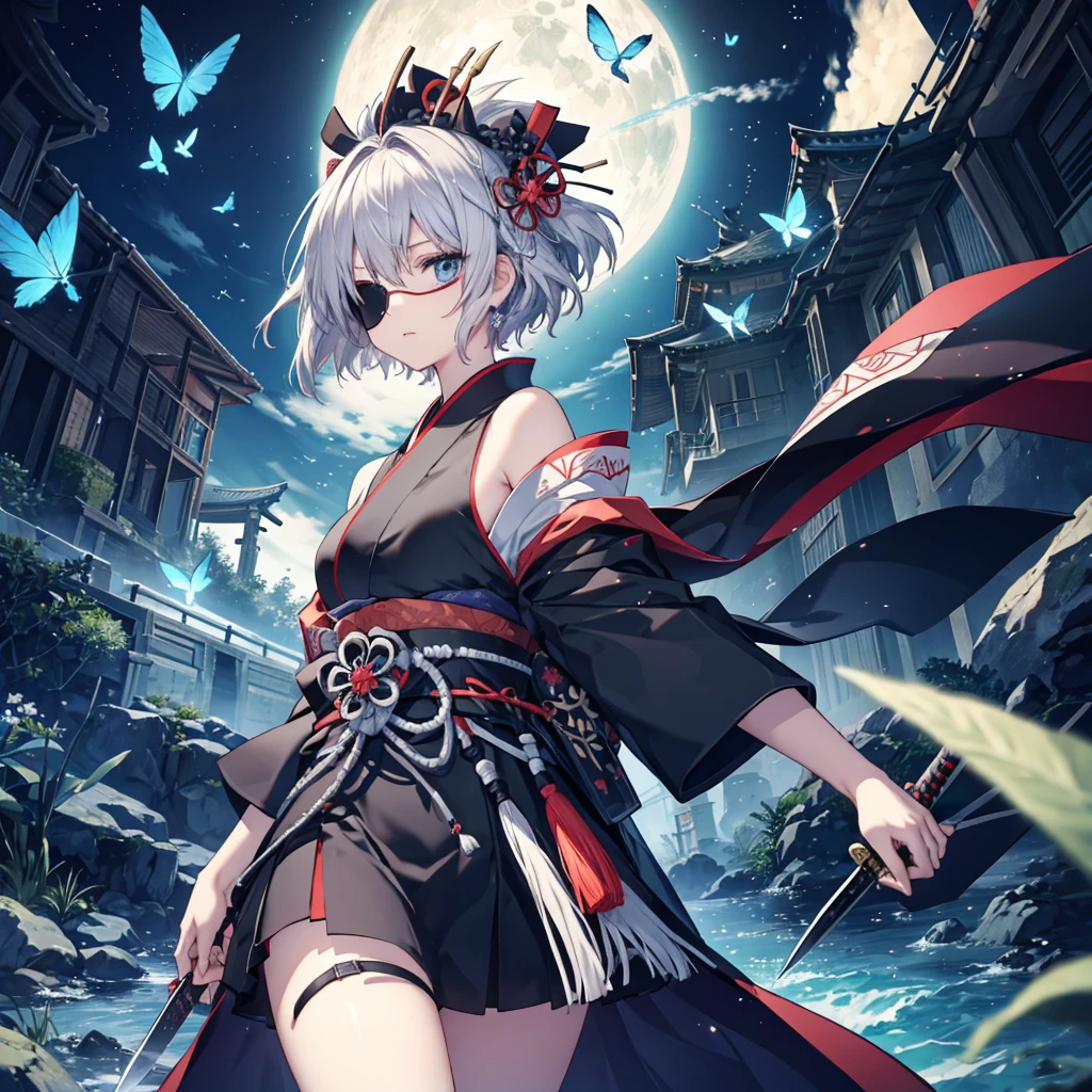 (((1 person Put on an eye patch Gray Hair))) ((High resolution short hair Black kimono Shoulder Rin々Funny face knifeを胸の前で構える)) ((Black Band samurai Lonely despair blue eyes Close-up)) ((Blue Butterfly night Japanese style old Shining Aura garden water surface Catch the wind)) (dance 日本knife knife Slashing) 月night moonlight star Draw your sword Shining Background Shining Edge