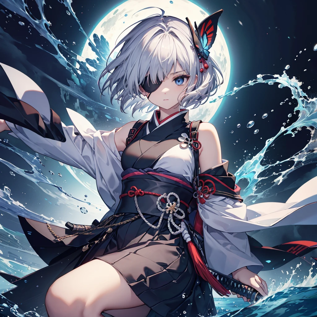 (((1 person Put on an eye patch Gray Hair))) ((High resolution short hair Black kimono Shoulder Rin々Funny face knifeを胸の前で構える)) ((Black Band samurai Lonely despair blue eyes Close-up)) ((Blue Butterfly night Japanese style old Shining Aura garden water surface Catch the wind)) (dance 日本knife knife Slashing) 月night moonlight star Draw your sword Shining Background Shining Edge