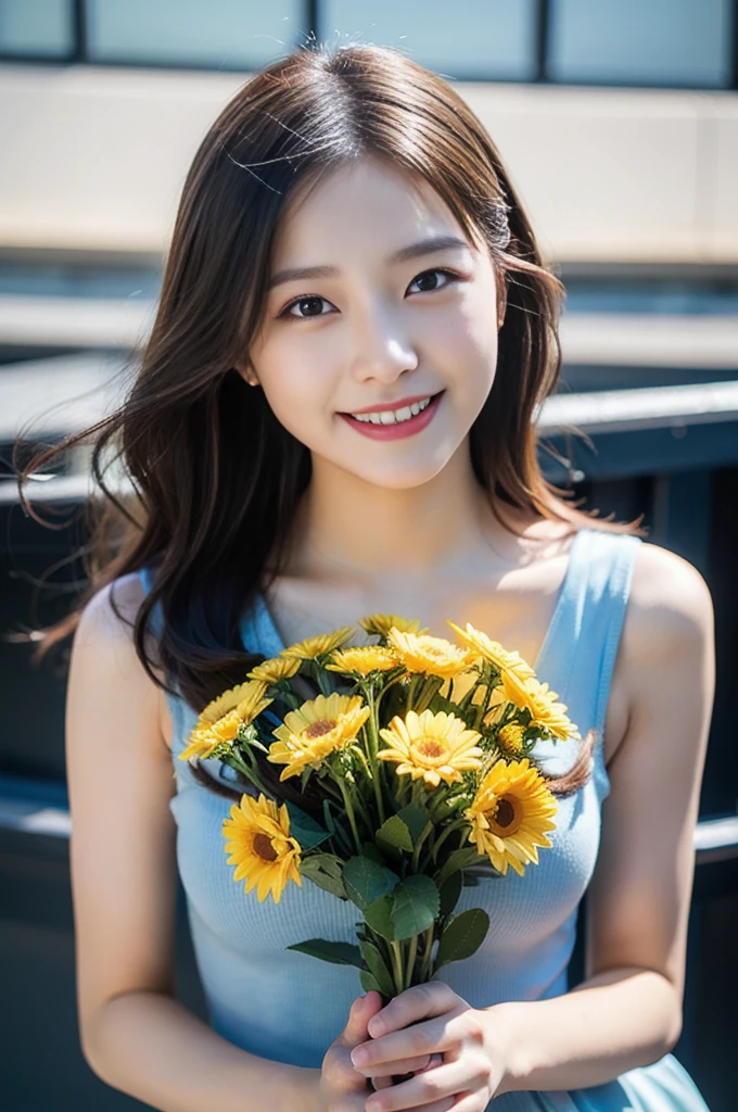 (8K, RAW Photos, Highest quality、masterpiece:1.2), (Realistic、Realistic:1.37), Very detailed, High resolution, 1 girl, Laughter, View your viewers, dress, Beautifully detailed face、(Holding a bouquet:1.3),Beautiful and detailed skin、Skin Texture、Floating Hair、Professional Lighting, noon