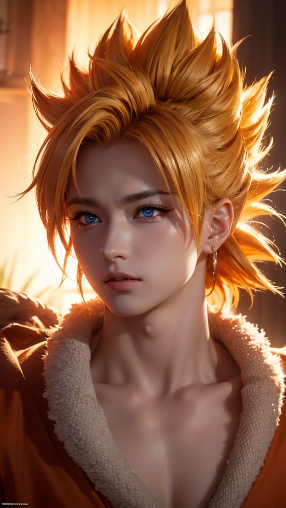 An 8k masterpiece, highest resolution, every detail, meticulous detail, depth of field, bright colors, beautiful composition: stunning take on an anime character sun goku with brilliant super saiyan hair and beautifully detailed glowing eyes,