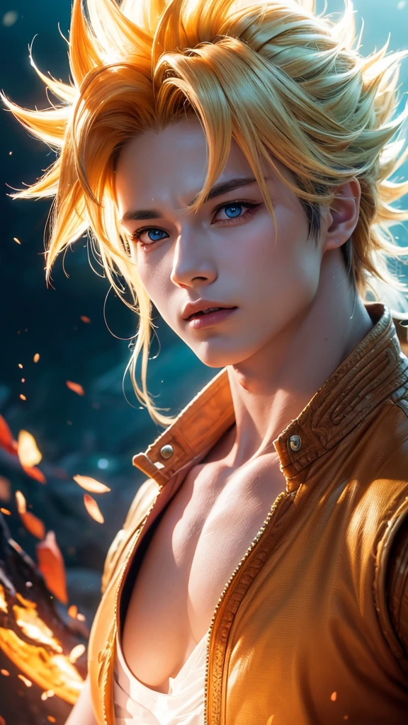 An 8k masterpiece, highest resolution, every detail, meticulous detail, depth of field, bright colors, beautiful composition: stunning take on an anime character sun goku with brilliant super saiyan hair and beautifully detailed glowing eyes,
