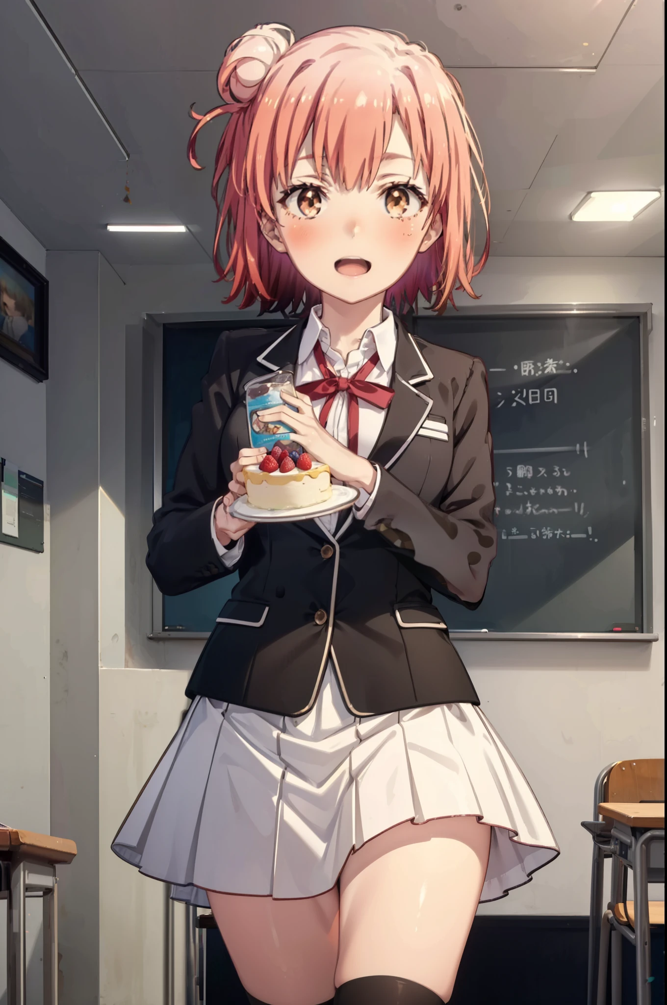 yuiyuigahama, yui yuigahama, short hair, (Brown eyes:1.5), (Pink Hair:1.2), Hair Bun, single Hair Bun, smile,blush,Open your mouth wide,
break skirt, shirt, ribbon, , Jacket, white shirt, black Jacket, blazer, Black knee-high socks,Brown loafers,There is a round birthday cake on the desk.,Confetti,cracker,
break indoors, classroom,
break looking at viewer, (Cowboy Shot:1.5),
break (masterpiece:1.2), Highest quality, High resolution, unity 8k wallpaper, (figure:0.8), (Beautiful attention to detail:1.6), Highly detailed face, Perfect lighting, Highly detailed CG, (Perfect hands, Perfect Anatomy),