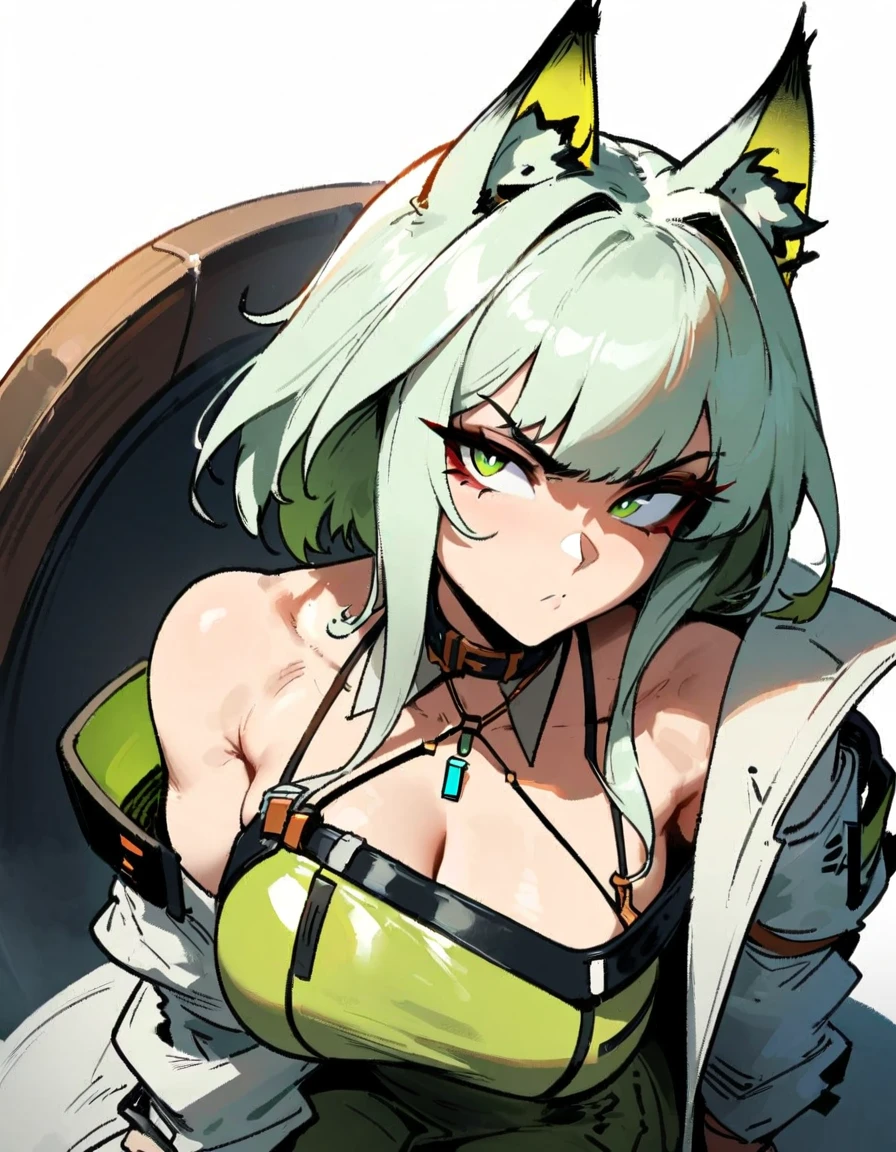 1girl, kal'tsit \(arknights\), arknights \\\\\ masterpiece, best quality, very aesthetic, absurdres, newest \\\\\\ slim body,///// ,by nyantcha,cutesexyrobutts , by khyle,,////// ,,,, , ,,detailed face, , ,, , , , , beautiful face, (white background:1.2), , sexy, , serious.angry, green eyes, animal ears, , ,,,big tits,), in the center of the frame,,, ,wears a lab coat, ,full body , solo, sit