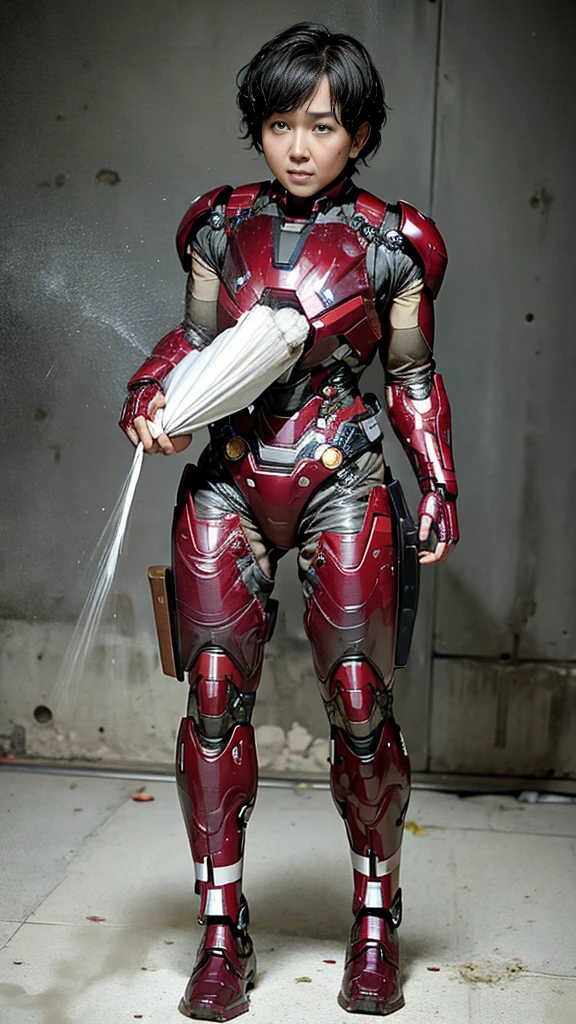 Highest quality 8k Iron Man Suit Girl Middle-aged women Sweaty face cute short hair boyish Steam coming out of my head My hair is wet with sweat The feel of black hair Full body portrait My upper body is soaked I can see the vagina Lying in bed Face soaked Spread your legs