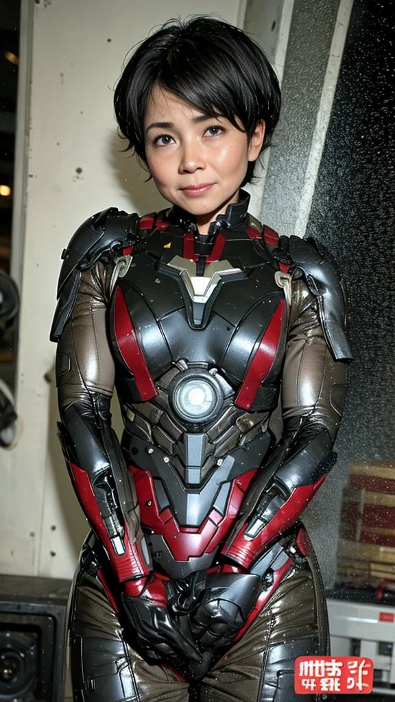 Highest quality 8k Iron Man Suit Girl Middle-aged women Sweaty face cute short hair boyish Steam coming out of my head My hair is wet with sweat The feel of black hair Full body portrait My upper body is soaked I can see the vagina Lying in bed Face soaked Spread your legs