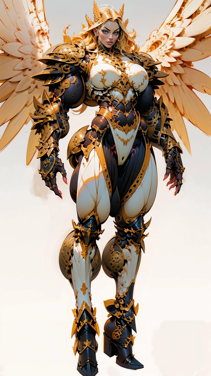 (cara delevingne), ((((((1 muscular angel girl)))))), (((huge upper body))), long hair, ((((huge angelic wings))), (((intricate ornate angelic full body armor))), ((((full body front view)))), (((perfect hands, perfect fingers))), (((empty background)))