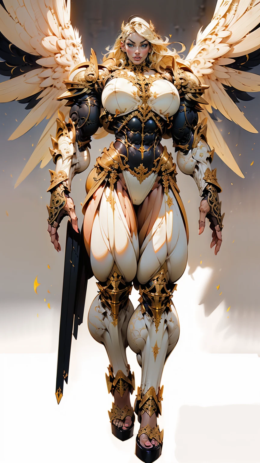 (cara delevingne), ((((((1 muscular angel girl)))))), (((huge upper body))), long hair, ((((huge angelic wings))), (((intricate ornate angelic full body armor))), ((((full body front view)))), (((perfect hands, perfect fingers))), (((empty background)))