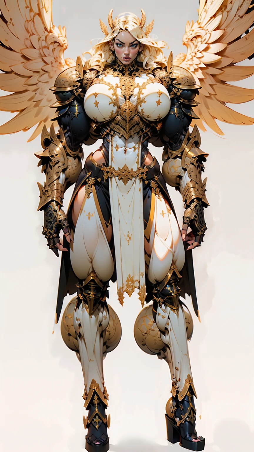 (cara delevingne), ((((((1 muscular angel girl)))))), (((huge upper body))), long hair, ((((huge angelic wings))), (((intricate ornate angelic full body armor))), ((((full body front view)))), (((perfect hands, perfect fingers))), (((empty background)))