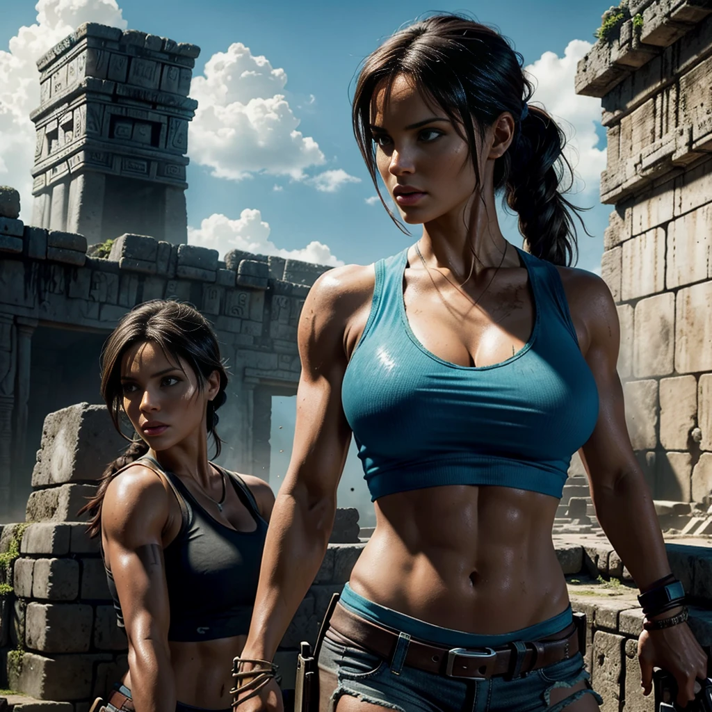 y Lara Croft Tomb Raider, blue tank top, Mayan ruins background, torn clothes, athletic and fit body, cleerfect hands, detailed hands, perfect eyes, detailed eyes, realistic, HDR, UHD, dynamic