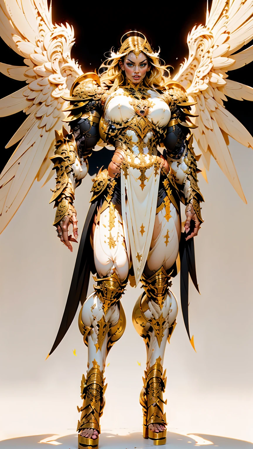 (cara delevingne), ((((((1 muscular angel girl)))))), (((huge upper body))), long hair, ((((huge angelic wings))), (((intricate ornate angelic full body armor))), ((((full body front view)))), (((perfect hands, perfect fingers))), (((empty background)))
