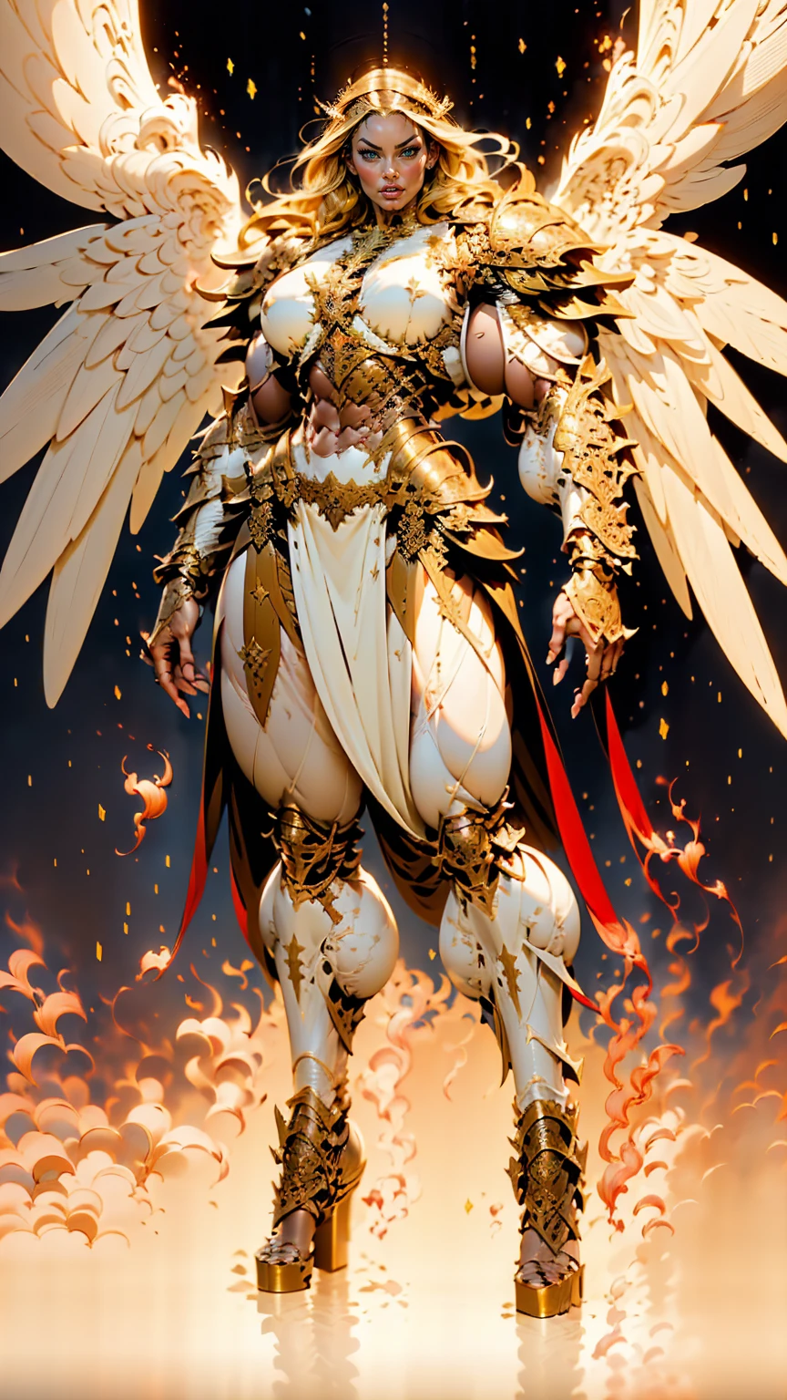 (cara delevingne), ((((((1 muscular angel girl)))))), (((huge upper body))), long hair, ((((huge angelic wings))), (((intricate ornate angelic full body armor))), ((((full body front view)))), (((perfect hands, perfect fingers))), (((empty background)))