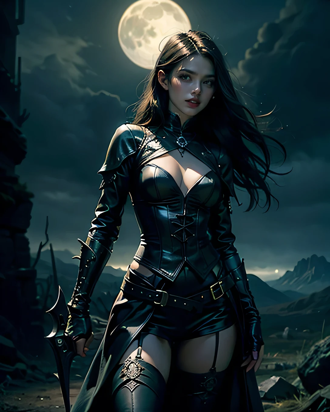 A photorealistic masterpiece of a beautiful female vampire hunter, accentuated by her pale white skin glowing under the moonlight, her dark aura shrouding her in an ethereal mystery. The full moon casts dramatic lighting, chiaroscuro painting her features in stark contrast, her detailed face highlighted by sharp fangs and piercing eyes that hold an inexplicable intensity.

Clad in a leather outfit reminiscent of a gothic fantasy, her attire is a testament to her dark and moody atmosphere. Her dynamic pose exudes a sense of power and determination, set against the backdrop of a dark, brooding landscape that amplifies the cinematic rendering