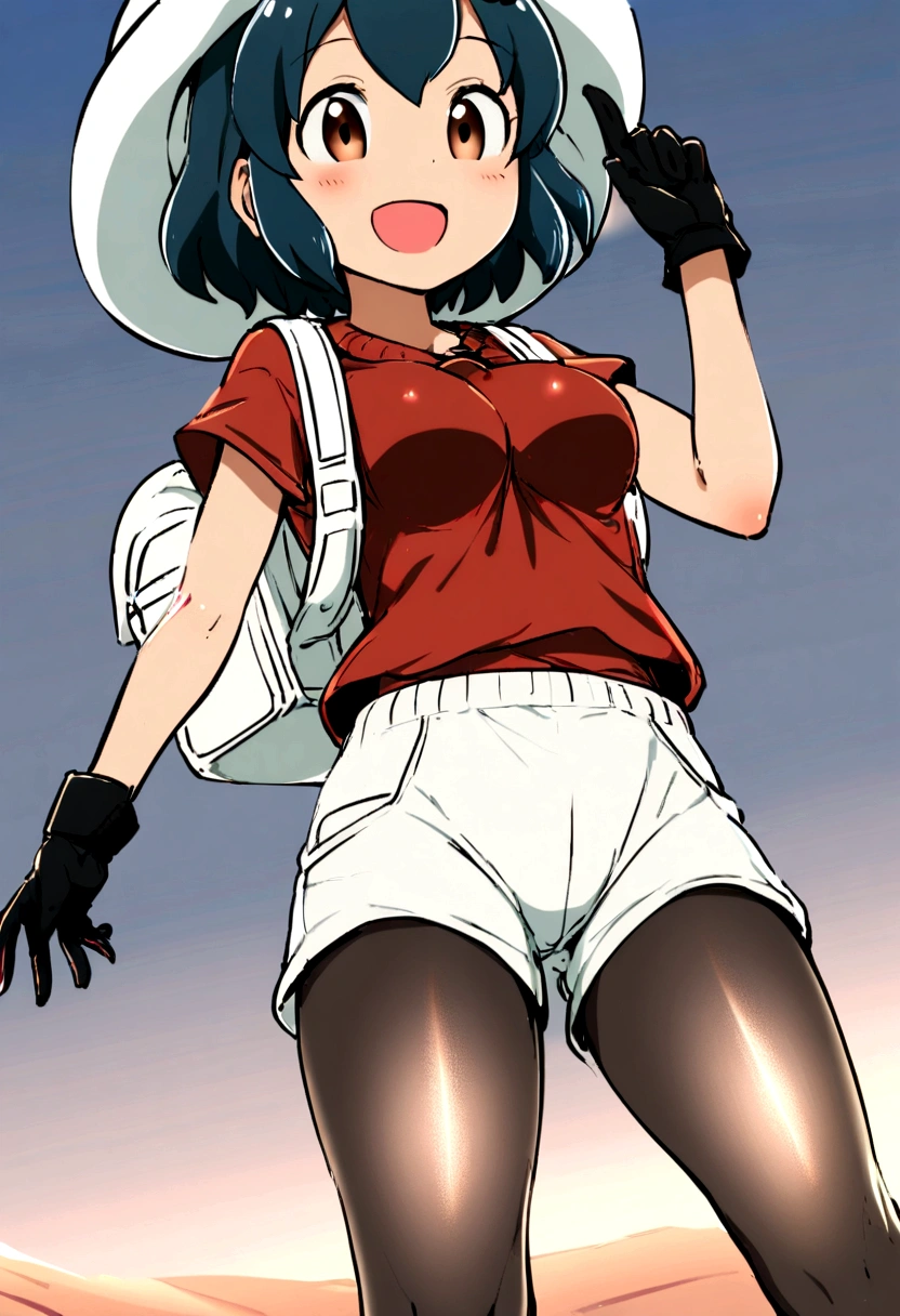 (1girl,kaban \(kemono friends\),kemono friends),black short hair,smile,white hat,white backpack,tight clothes,black gloves,red shirt,white shorts,pantyhosetwilight,