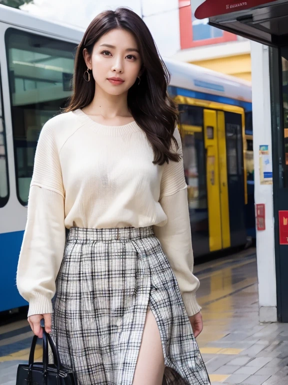 (((8K、High resolution、Highest quality、High resolution)))、alone、Attractive person、White skin、Natural Makeup、Photograph the whole body、flaxen hair、Semi-long layer cut,Glamorous figure、 (White long sleeve knit blouse、beige plaid skirt、Beige tote bag), watch、White nails、At the station platform、