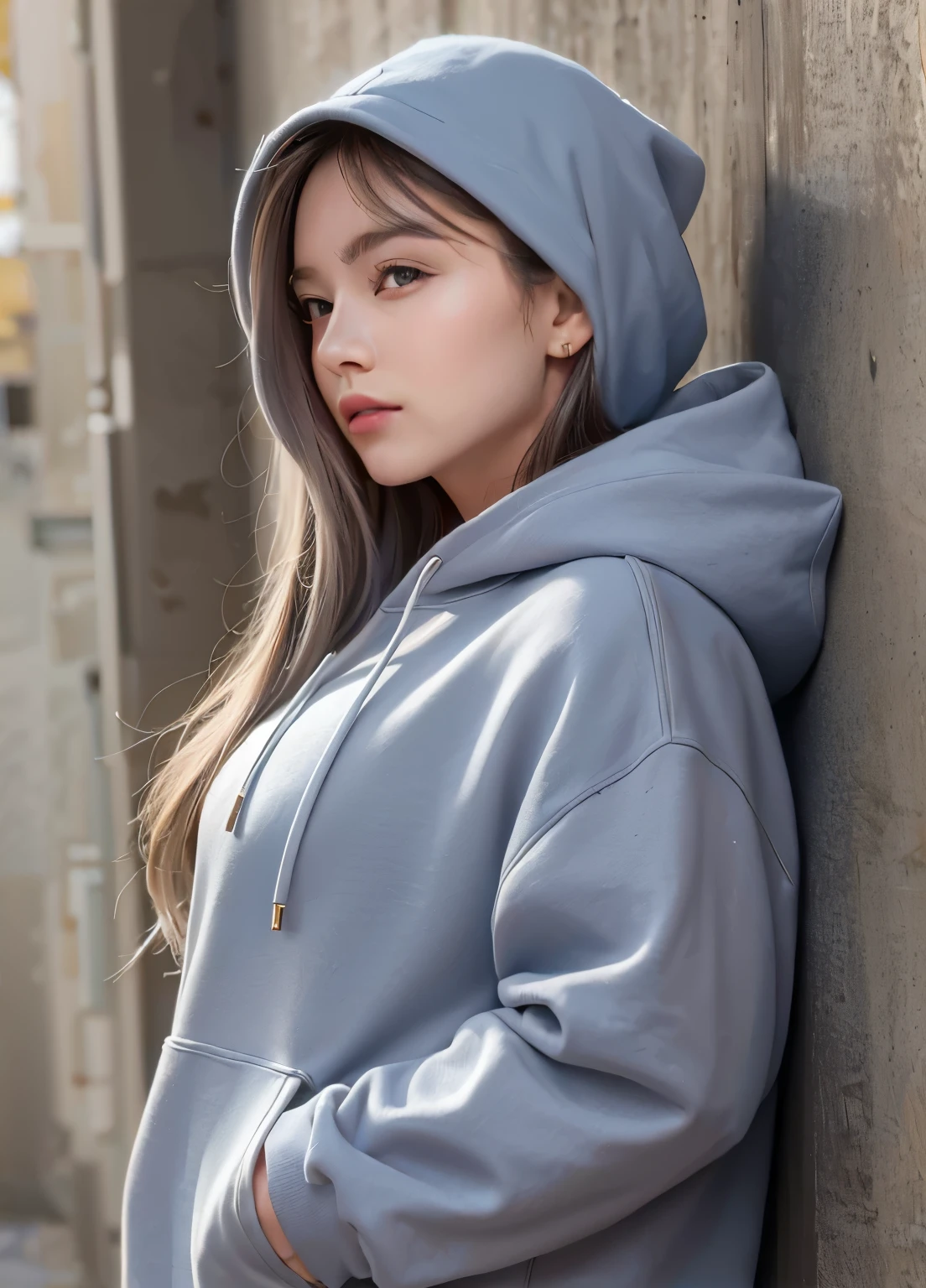 masterpiece, realistic, ultra detail, 8K quality, woman wearing hoodie, leaning against wall, Put one hand in your pocket, Her other hand holds her head, standing looking to the side, side, head forward, Gray Raven,