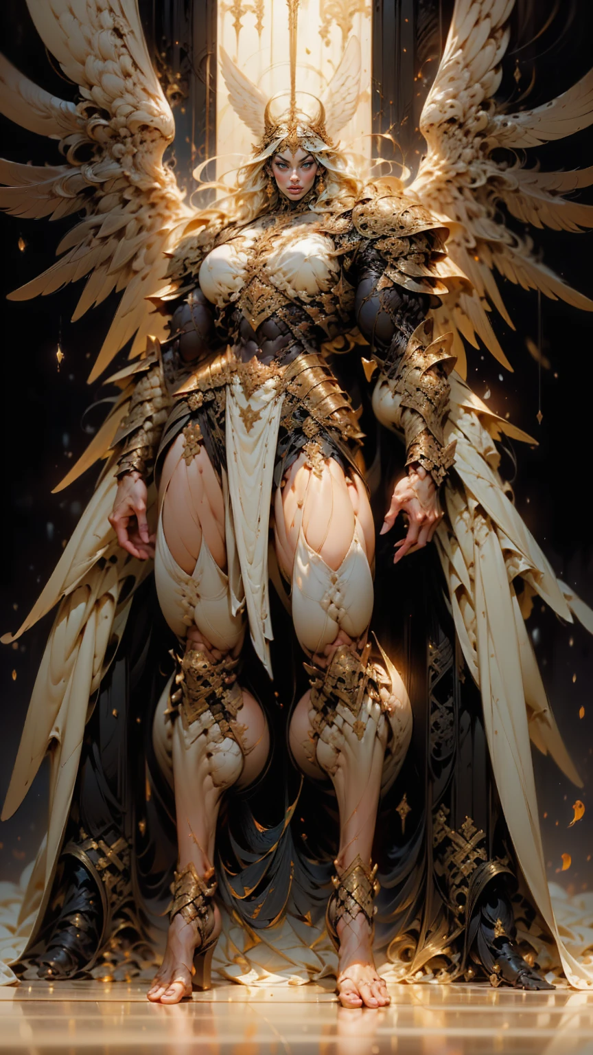(cara delevingne), ((((((1 muscular angel girl)))))), (((huge upper body))), long hair, ((((huge angelic wings))), (((intricate ornate angelic full body armor))), ((((full body front view)))), (((perfect hands, perfect fingers))), (((empty background)))