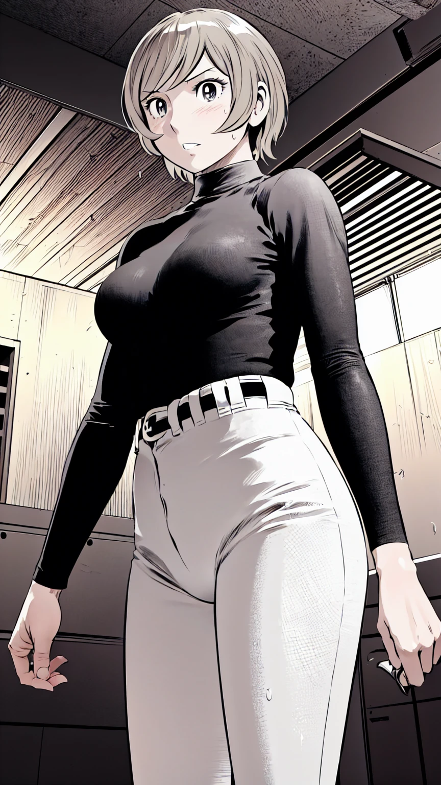 (野球uniform:1.2),
Blonde Hair, (short hair:1.2),Long sleeve, Black Shirt, turtleneck,White trousers、uniform、Black belt、((Illustration of people))、Big Boobs、
View Audience,, (Highest quality:1.3),One Girl, White pants、uniform、Outdoor、baseball ground、ground、soil、blue eyes、Tight black shirt、(masterpiece、Highest quality)、Highest quality, Ultra-high resolution, (((masterpiece))), alone, Sweat、Big eyes、Big Breasts、One Girl, Front view、Embarrassed face、Bronze colored hair、((short hair))、Stand up straight
