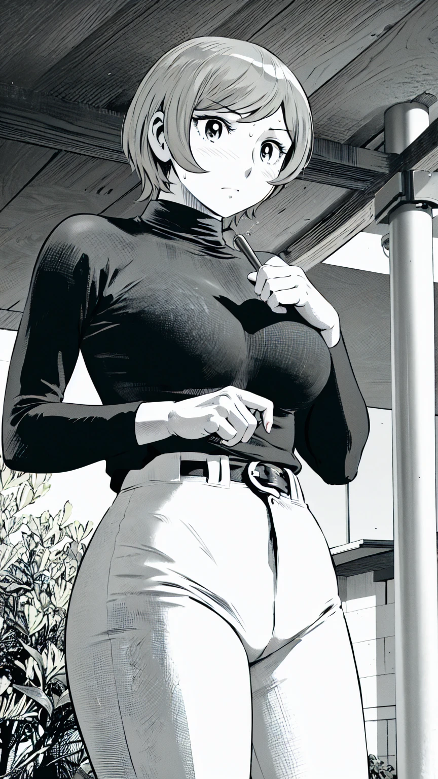 (野球uniform:1.2),
Blonde Hair, (short hair:1.2),Long sleeve, Black Shirt, turtleneck,White trousers、uniform、Black belt、((Illustration of people))、Big Boobs、
View Audience,, (Highest quality:1.3),One Girl, White pants、uniform、Outdoor、baseball ground、ground、soil、blue eyes、Tight black shirt、(masterpiece、Highest quality)、Highest quality, Ultra-high resolution, (((masterpiece))), alone, Sweat、Big eyes、Big Breasts、One Girl, Front view、Embarrassed face、Bronze colored hair、((short hair))、Stand up straight