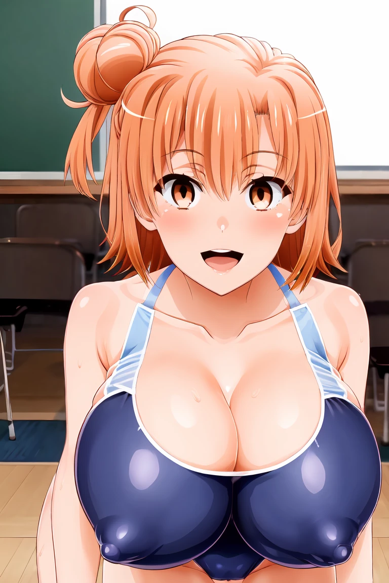 yuiyuigahama, yui yuigahama, short hair, (Brown eyes:1.5), (Orange Hair:1.2), Hair Bun, single Hair Bun, smile,
School swimsuit,1 Girl, alone, Huge breasts, Open your mouth, Looking at the audience, Skin dents,White background,