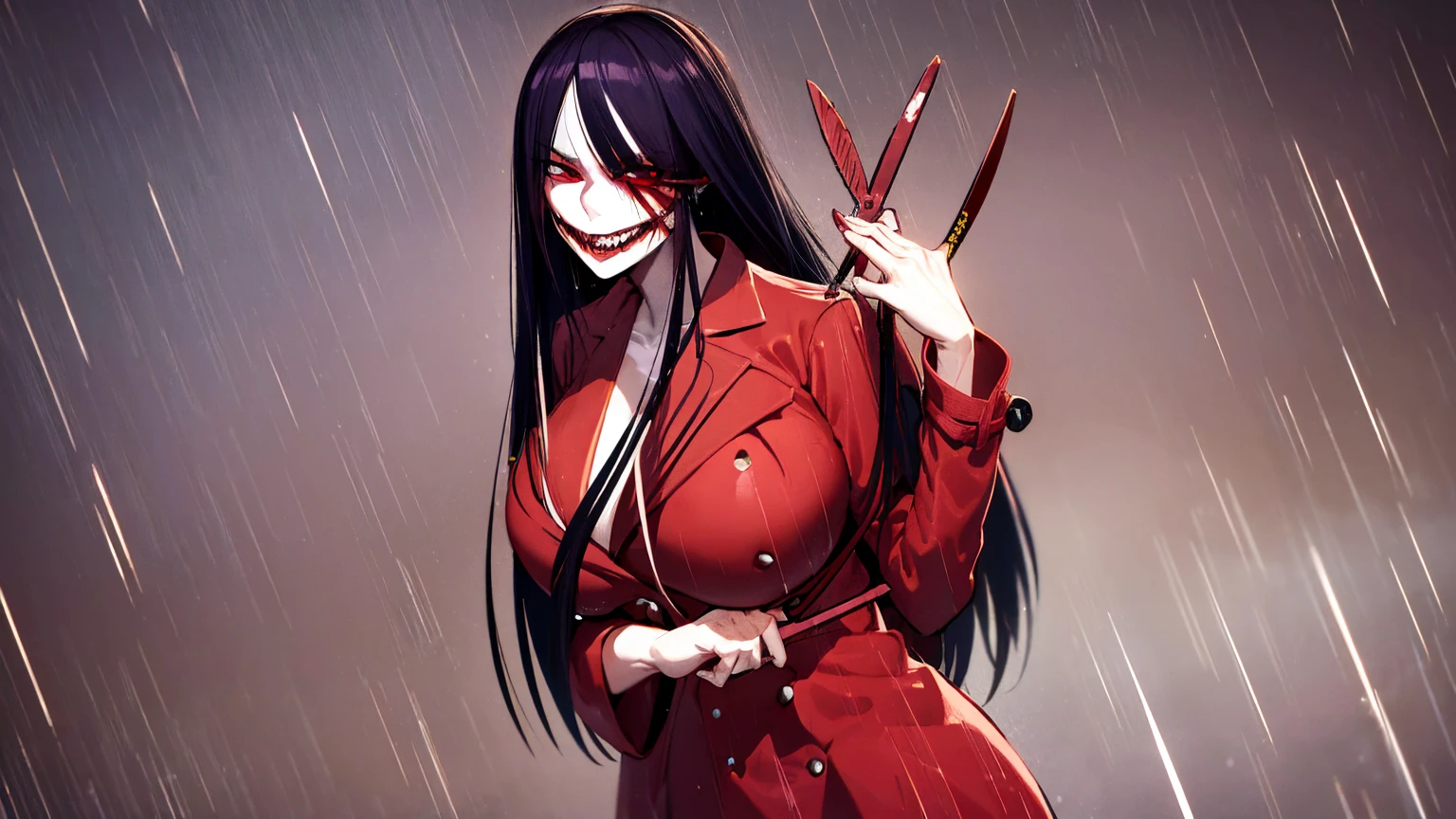 Kuchisake-onna Super Extra large breasts breast enlargement, red coat, long hair, red eyes, black garter stockings, black bikini, full-body shot, looking at the camera, standing alone in the rain, holding a large scissor in her right hand, lips split, stitches, smiling, blushing, shy