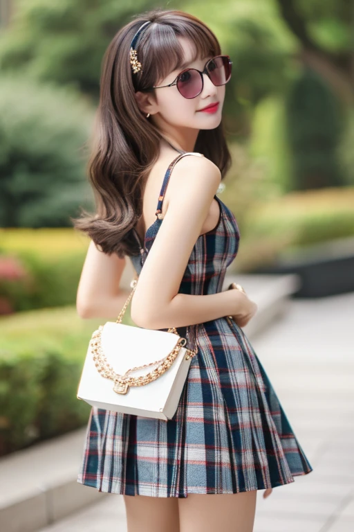 Highest quality、masterpiece、High sensitivity、High resolution、Detailed Description、Slim Body、Glasses、look back、Plaid mini dress、Skirt opens、