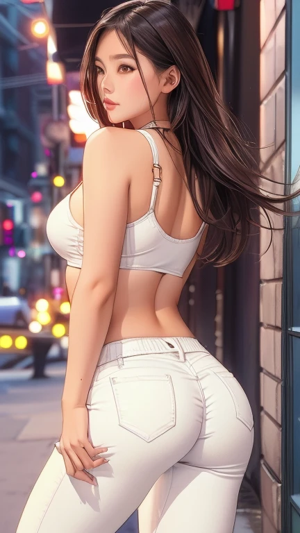 Asian woman in white jeans posing on the street, Thin waist and thick hips, Attractive body, West Shot, Sexy Girl, Perfect body, Smooth body, wear tight, simple clothes, wear tight, simple clothes, Sexy Body, Shapely butt, chic, Nice hips and long legs, Tight ass, View from behind, Beautiful curves, Beautiful body style