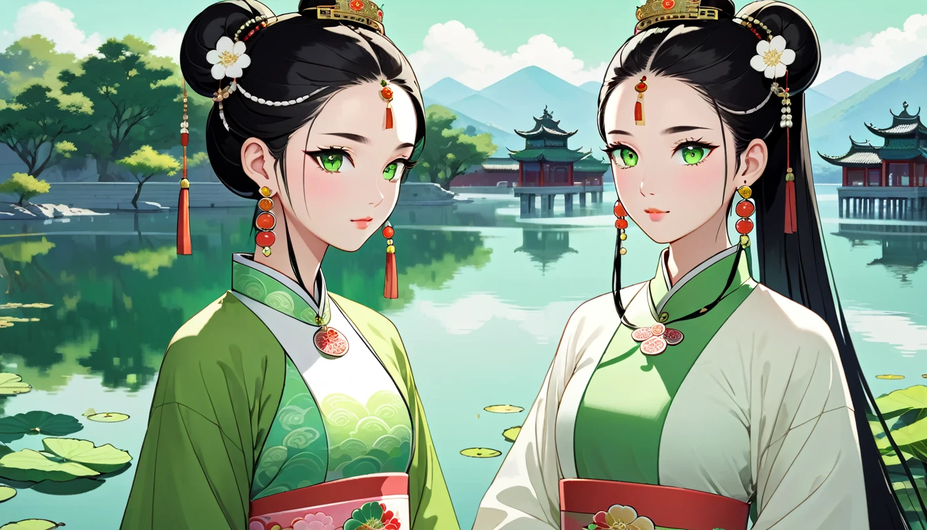 Two women,A young ancient Chinese woman named Amy,Melon seed face,Fair complexion，eye color: black，Eyebrow: arc，Hair color: black，hairstyle: Straight Hair（High bun），headgear: White crown，earring: white earrings，Wearing white traditional Chinese clothing,decorate:white necklace.white bracelet。 A young Chinese woman named Eva,Oval face,Fair complexion，green eyes,波浪形black長髮，earring: green earrings，Wearing green traditional Chinese clothing,decorate:green necklace.green bracelet。Amy and Eva walk by the lake together。