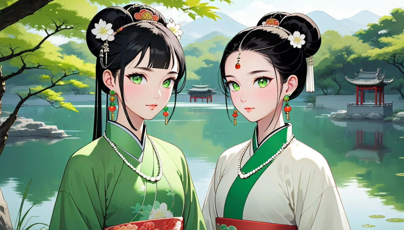 Two women,A young ancient Chinese woman named Amy,Melon seed face,Fair complexion,eye color: black,Eyebrow: arc,Hair color: black,hairstyle: Straight Hair(High bun),headgear: White crown,earring: white earrings,Wearing white traditional Chinese clothing,decorate:white necklace.white bracelet。 A young Chinese woman named Eva,Oval face,Fair complexion,green eyes,波浪形black長髮,earring: green earrings,Wearing green traditional Chinese clothing,decorate:green necklace.green bracelet。Amy and Eva walk by the lake together。
