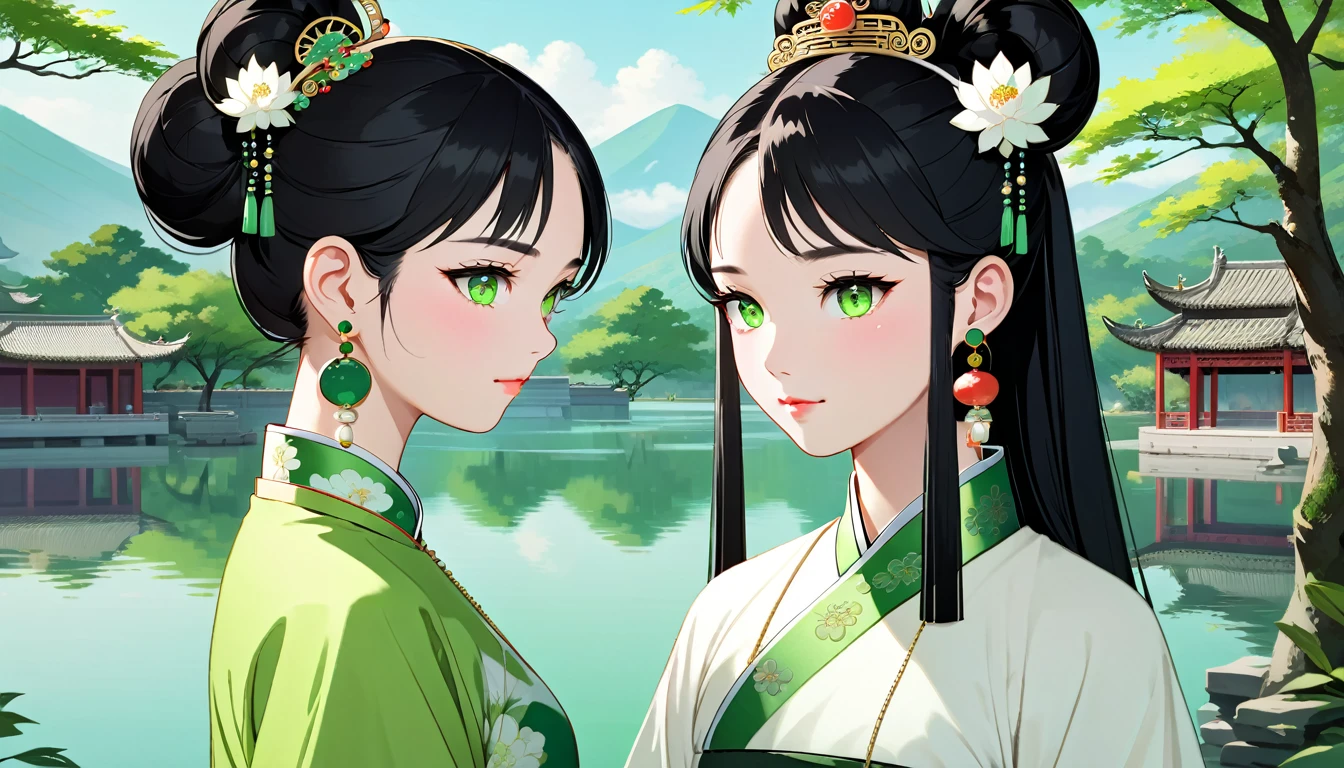 Two women,A young ancient Chinese woman named Amy,Melon seed face,Fair complexion，eye color: black，Eyebrow: arc，Hair color: black，hairstyle: Straight Hair（High bun），headgear: White crown，earring: white earrings，Wearing white traditional Chinese clothing,decorate:white necklace.white bracelet。 A young Chinese woman named Eva,Oval face,Fair complexion，green eyes,波浪形black長髮，earring: green earrings，Wearing green traditional Chinese clothing,decorate:green necklace.green bracelet。Amy and Eva walk by the lake together。
