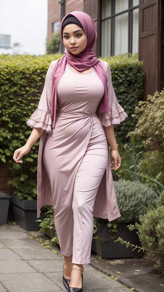 RAW, Best quality, high resolution, masterpiece: 1.3), beautiful Malay girl in hijab,Masterpiece, perfect slim fit body, wearing long sleeves plicated suit maxi dress, tight dress, cameltoe, big gorgeous eyes, Soft smile, afternoon walk, City garden, Excellent lighting, Bright colors, Clean lines