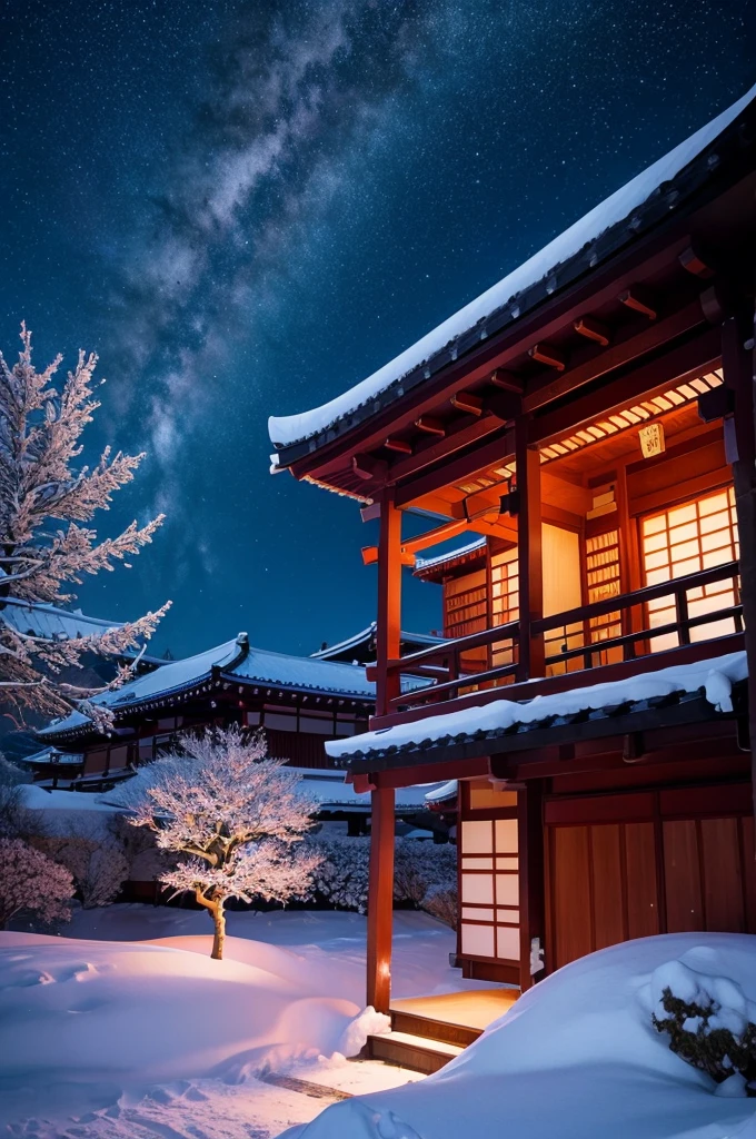 samurai、dog、Snow Mountain、Starry Sky、night