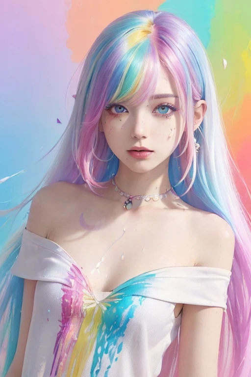 (Pink Fashion T-shirt:1.9),(Colorful hair: 1.8), (all the colours of the rainbow: 1.8),(((((vertical painting:1.6))), (painting:1.6),front, comics, illustrations, paintings, large eyes, crystal clear eyes,( rainbow color gradient high ponytail:1.7), exquisite makeup, closed mouth,(Small Fresh: 1.5),(Wipe Chest: 1.6) ,long eyelashes, white off shoulder T-shirt, White Shoulder Shirt,looking at the audience, large watery eyes, (rainbow colored hair:1.6), color splash, (solo:1.8), color splash, color explosion, thick paint style, messy lines, ((shining)),(colorful), (colorful), (colorful), colorful, Thick Paint Style, (Splash) (Color Splash), Vertical Painting, Upper Body, Paint Splash, Acrylic Pigment, Gradient, Paint, Highest Image Quality, Highest Quality, Masterpiece, Solo, Depth of Field, Face Paint, colorful clothes, (Elegant: 1.2), gorgeous,long hair, wind, (Elegant: 1.3), (Petals: 1.4),(((masterpiece))),(((best quality))),((ultra-detailed)),(illustration),(dynamic angle),((floating)),(paint),((disheveled hair)),(solo),(1girl) , (((detailed anima face))),((beautiful detailed face)),collar,bare shoulders,white hair, ((colorful hair)),((streaked hair)),beautiful detailed eyes,(Gradient color eyes),(((colorful eyes))),(((colorful background))),(((high saturation))),(((surrounded by colorful splashes))),