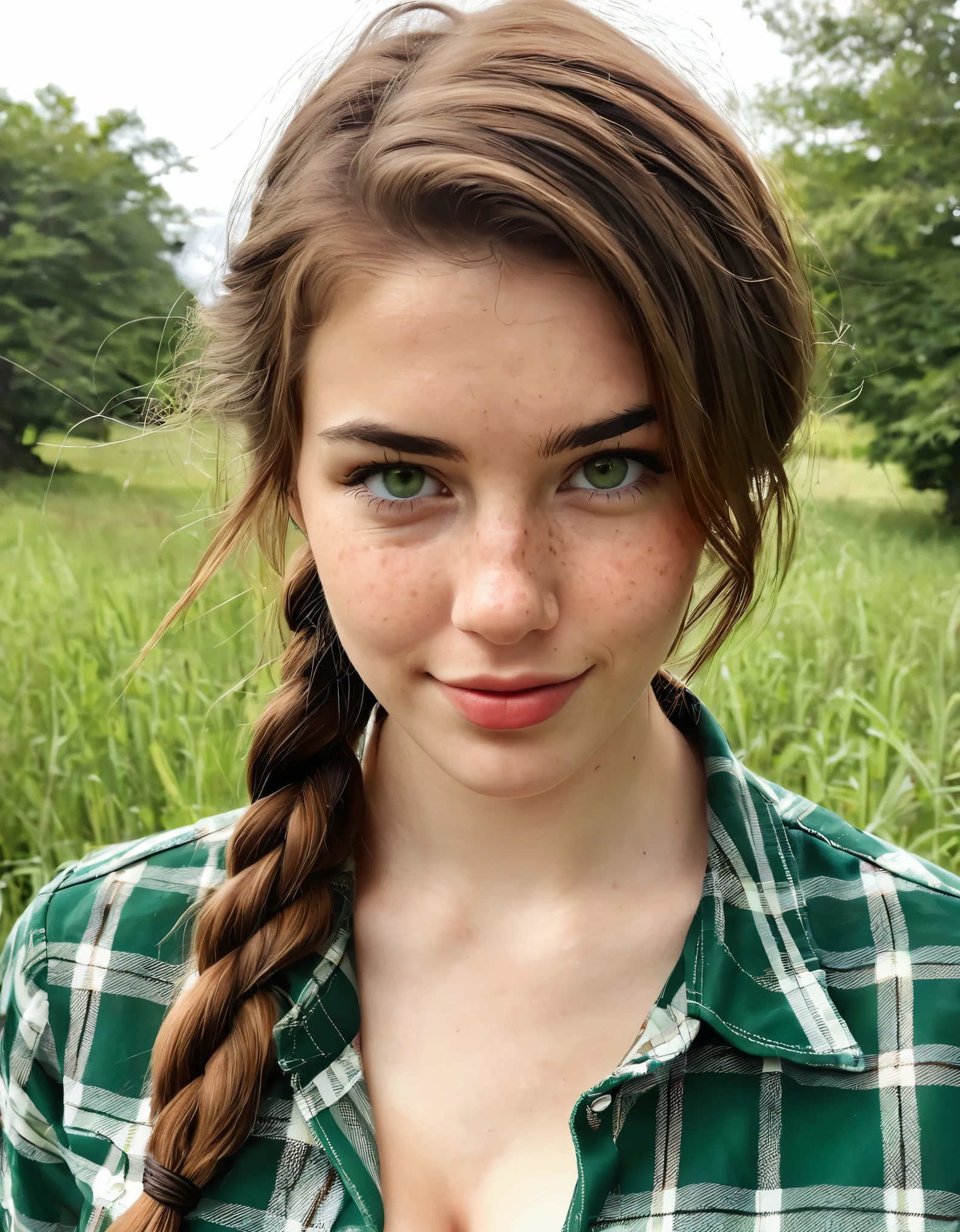 selfie on instagram , 23 year old gorgeous woman, A slight smile, ultra textured leather, detailed skin of face and eyes , daylight, big breasts, long braid, plaid shirt, Granularity, low contrast, natural face, freckles, Brown hair, green eyes