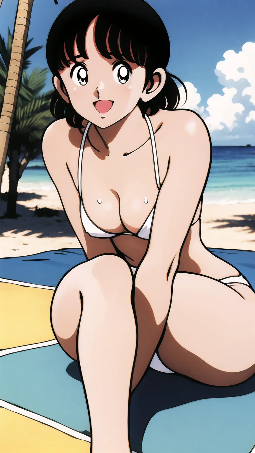 (((character:asakura minami:1.3))),((masterpiece)),((highest quality)),Super detailed,(thin entire outline),enlightenment,explicit,entp,1girl,solo,black hair,medium hair,black eyes,small nose,perfect body,beautiful body,beautiful character design,perfect eyes,perfect face,((happy smile)),small open mouth,(enjoy,having fun:1.2),perspiration,wallpaper,ultra high resolution,8k,photo shoot,(beautiful large breast:1.2),beautiful legs,perfect feet,beautiful skin,fair skin,smooth skin,official style,official art,make a screen cap,outdoor,(summer beach),sunshine,bright lighting,(white micro bikinis),split legs,peace sign,