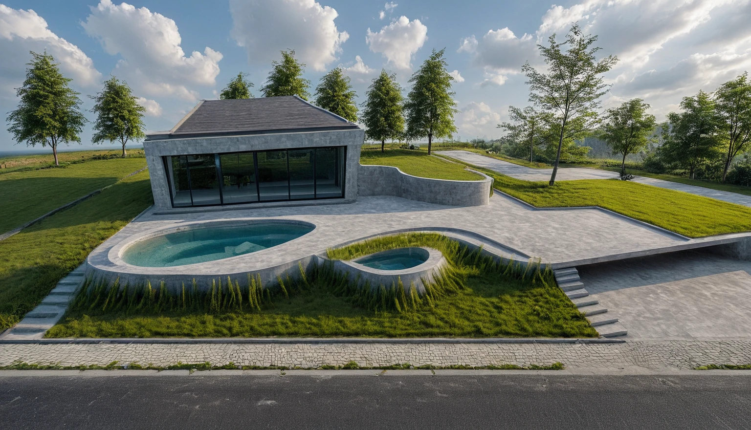 Masterpiece, high quality, best quality, surreal photo, super detailed, outdoor, villa, aiaigroup, modern townhouse style, swimming pool in front, accent wall Gray stone on the side right, road, sidewalk, grass, trees, sky, clouds (daylight: 1.1)
