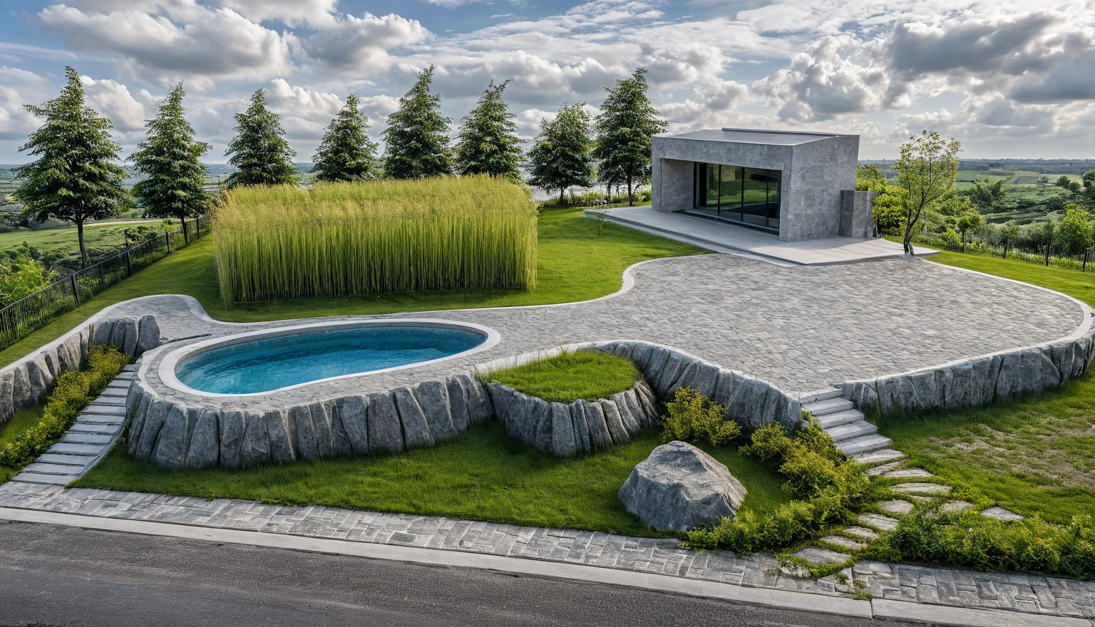 Masterpiece, high quality, best quality, surreal photo, super detailed, outdoor, villa, aiaigroup, modern townhouse style, swimming pool in front, accent wall Gray stone on the side right, road, sidewalk, grass, trees, sky, clouds (daylight: 1.1)
