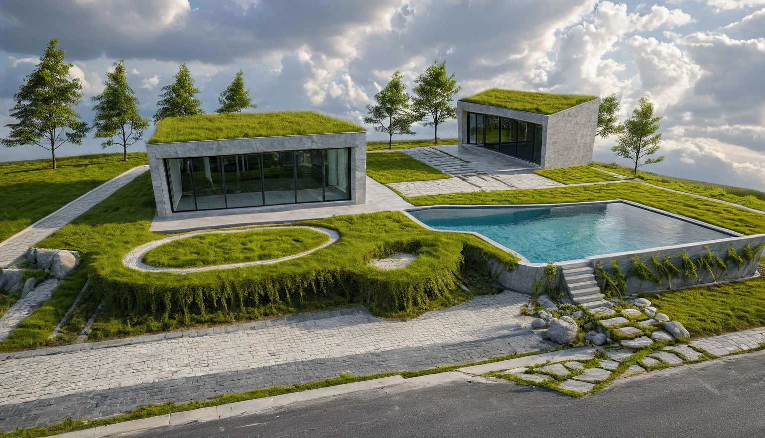 Masterpiece, high quality, best quality, surreal photo, super detailed, outdoor, villa, aiaigroup, modern townhouse style, swimming pool in front, accent wall Gray stone on the side right, road, sidewalk, grass, trees, sky, clouds (daylight: 1.1)