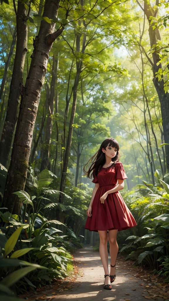 A girl in a forest wearing a beautiful red dress, enjoying the vivid greenery of her surroundings. The scene is filled with lush trees and plants, creating a serene and vibrant environment, highlighting the striking contrast between her dress and the natural landscape.