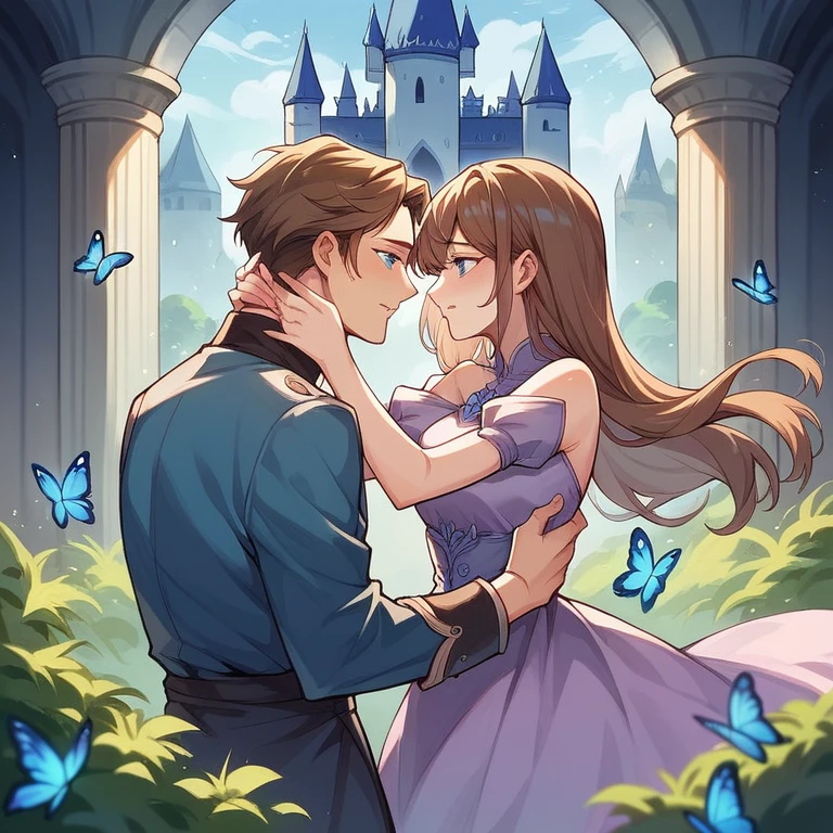 couple, blue castle, butterfly, kising, woman with long hair, lavender dress, man with brown hair, blue eyes
